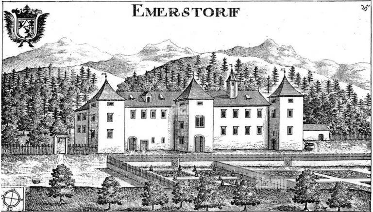 Schloss Emmersdorf im Jahre 1680 in Klagenfurt/Kärnten/Österreich/Europäische Union. Siehe Abb. aus J.W. Valvasor: Topographia Archiducatus Carinthiae antiquae et modernae completa